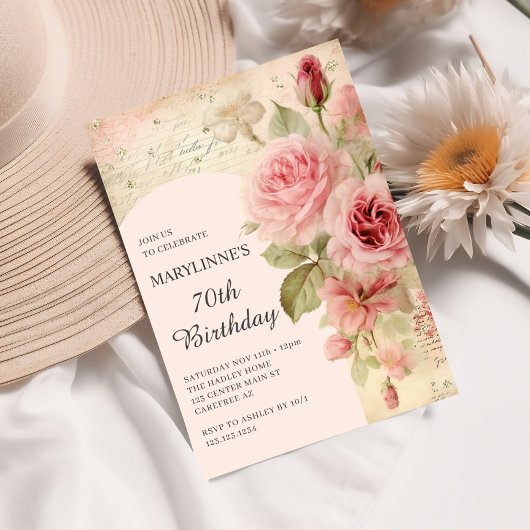 Elegante Vintage Rose 70. Geburtstag Einladung