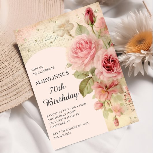 Elegante Vintage Rose 70. Geburtstag Einladung
