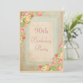 Elegante Vintage Rose 90. Geburtstagsparty Einladung (Stehend Vorderseite)