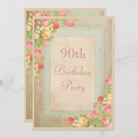 Elegante Vintage Rose 90. Geburtstagsparty Einladung (Vorne/Hinten)