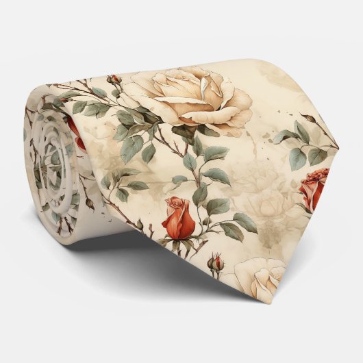 Elegante Vintage Rose Blume Beige Flora Krawatte (Gerollt)