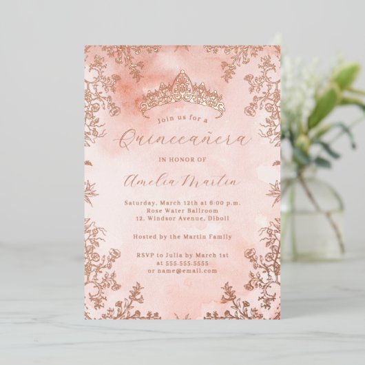 Elegante Vintage Rose Folieneinladung (Stehend vorne)