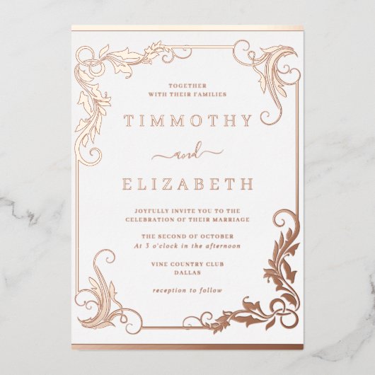 Elegante Vintage Rose Folieneinladung (Vorderseite)