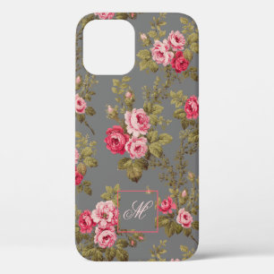 Elegante Vintage Rose mit Monogramm-Grau-Hintergru Case-Mate iPhone Hülle