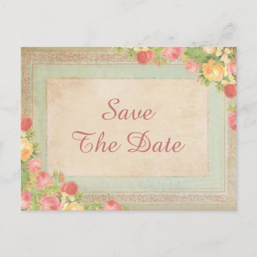 Elegante Vintage Rose Quinceañera Save the Date Ankündigungspostkarte (Vorderseite)