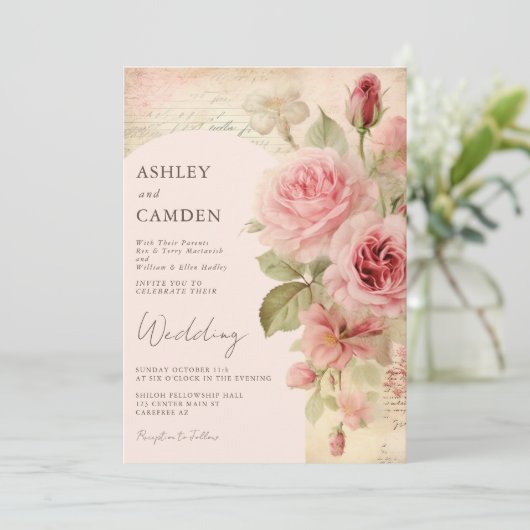 Elegante Vintage Rose Rosa Hochzeit Einladung (Stehend Vorderseite)
