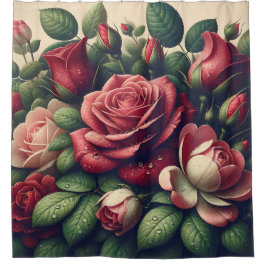 "Elegante Vintage Rose und Tulpen mit Raindrops" Duschvorhang