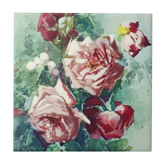 Elegante Vintage Rosen Aquarellmalerei Fliese (Vorderseite)