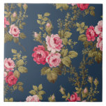 Elegante Vintage Rosen auf blauem Hintergrund Fliese<br><div class="desc">Herrliche,  romantische Rosen und üppiges Grün auf dunkelblauem Hintergrund. Das Muster ist nahtlos und kann mit den Schaltflächen   und - im Designwerkzeug nach oben oder unten skaliert werden.</div>