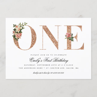 Elegante Vintage-Rosen-Glitter 1. Geburtstag Einladung