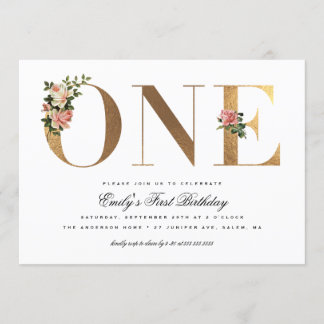 Elegante Vintage-Rosen Goldfolie 1. Geburtstag Einladung