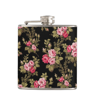 Elegante Vintage-Rosen in Rosa - Schwarzer Hinterg Flachmann