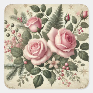 Elegante Vintage-Rosen in Rosa zum Weihnachtsfest Quadratischer Aufkleber