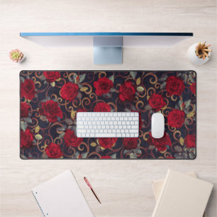 Elegante Vintage-Rosen und Damastmuster Rot und Sc Schreibtischunterlage