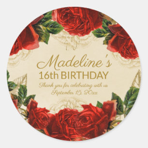 Elegante Vintage-Rosen zum 16. Geburtstag   Runder Aufkleber