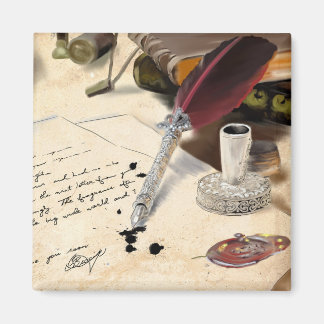 Elegante vintage rote Federkiel-Schreibfeder und T Magnet