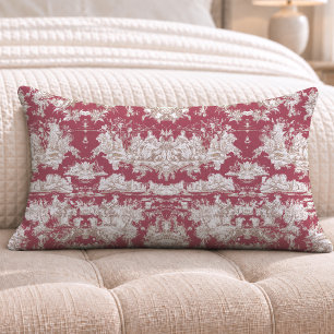 Elegante vintage rote Lake-Toile-de-Jouy Lendenkissen
