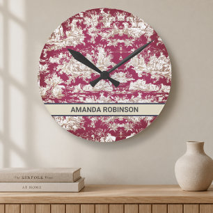Elegante vintage rote Lake-Toile de Jouy mit Monog Runde Wanduhr
