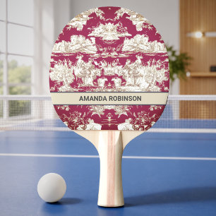 Elegante vintage rote Lake-Toile de Jouy mit Monog Tischtennis Schläger