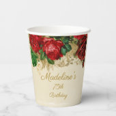 Elegante Vintage Rote Rose als 75. Geburtstag Pappbecher (Rückseite)