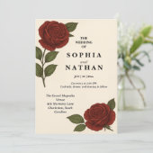 Elegante Vintage Rote Rose Hochzeit Einladung (Stehend Vorderseite)