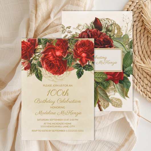 Elegante Vintage Rote Rosen 100. Geburtstag Einladung