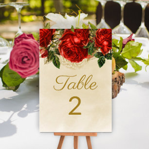 Elegante Vintage rote Rosen Champagner Tisch 2 Tischnummer