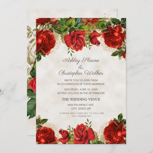 Elegante Vintage Rote Rosen Hochzeit Einladung (Vorne/Hinten)