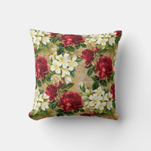 Elegante Vintage Rote Rosen Weißes Blumenbraun Kissen