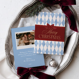 Elegante Vintage-Rote Schleife Blaue Weihnachtsfot Feiertagskarte