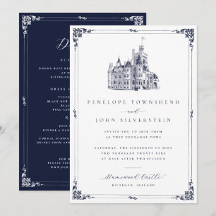 Elegante Vintage-Schloss-Rand Doppelseitige Hochze Einladung
