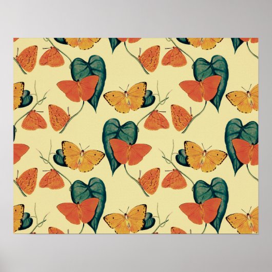 Elegante Vintage Schmetterlinge und Blätter Muster Poster (Vorne)