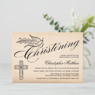 Elegante Vintage-Schrift Kreuz und Taube Taufe Einladung