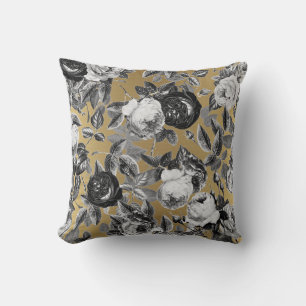 Elegante Vintage Schwarz-weiße Rose auf Gold Kissen