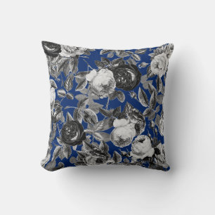 Elegante Vintage Schwarz-weiße Rose Royal Blue Kissen
