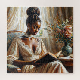 Elegante Vintage-Schwarze Frau beim Lesen eines Bu Puzzle
