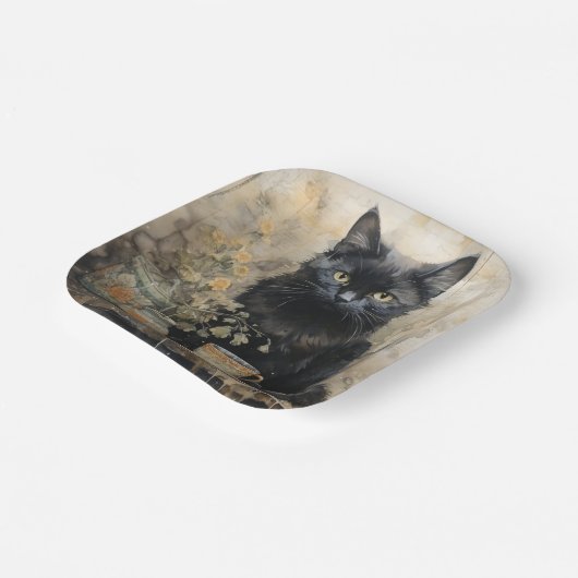 Elegante Vintage Schwarze Katze Pappteller (Gewinkelt)