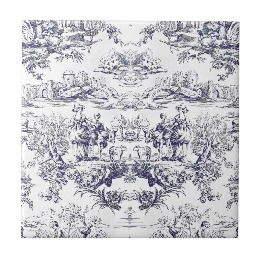 Elegante Vintage Schwarze Toile de jouy Fliese (Vorderseite)