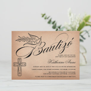 Elegante Vintage-Script-Kreuz und -Taube Bautizó Einladung