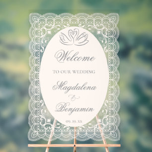Elegante Vintage-Spitze-Schwäne Kalligrafie Hochze Acrylschild