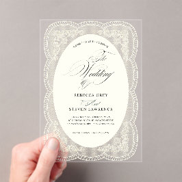Elegante Vintage-Spitzen-Kalligrafie-Hochzeit Acryleinladungen