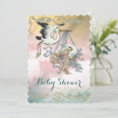 Elegante Vintage Stork Baby-Dusche Einladung (Stehend Vorderseite)