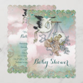 Elegante Vintage Stork Baby-Dusche Einladung (Vorne/Hinten)