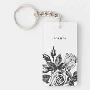 Elegante Vintage Tea-Rose  Schwarz und Weiß Schlüsselanhänger