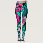 Elegante Vintage tropische Blume und Blätter Kunst Leggings (Vorderseite)