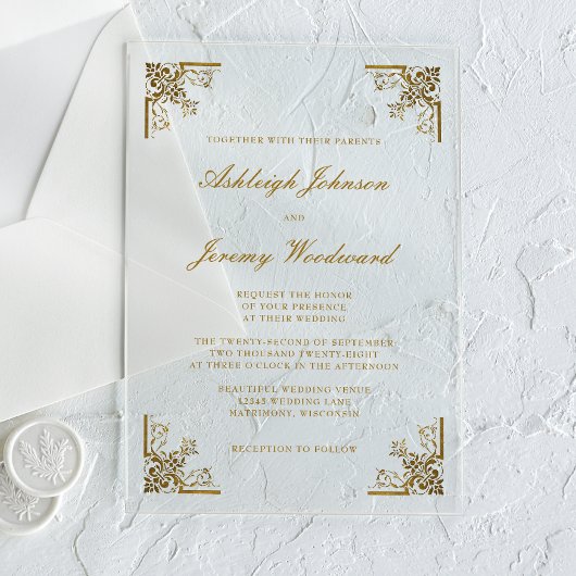 Elegante, Vintage Verzierte Goldskripte-Ecken Acryleinladungen