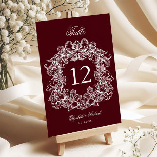 Elegante Vintage-Wappen Burgunder Hochzeit Tischnummer