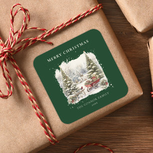 Elegante Vintage Wasserfarben Weihnachtsbaumen Quadratischer Aufkleber