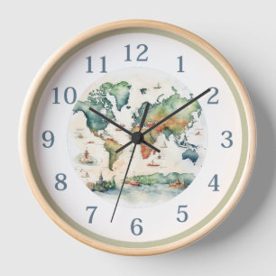 Elegante Vintage-Wasserfarben-Weltkarte Uhr