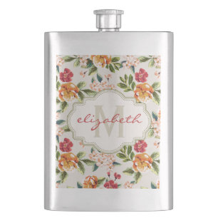 Elegante Vintage Watercolor-Blumen mit Monogramm Flachmann